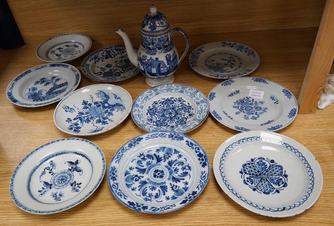 Ten various blue and white dishes including Chinese and Delft and a Staffordshire blue and white coffee pot and cover (11). Condition - fair